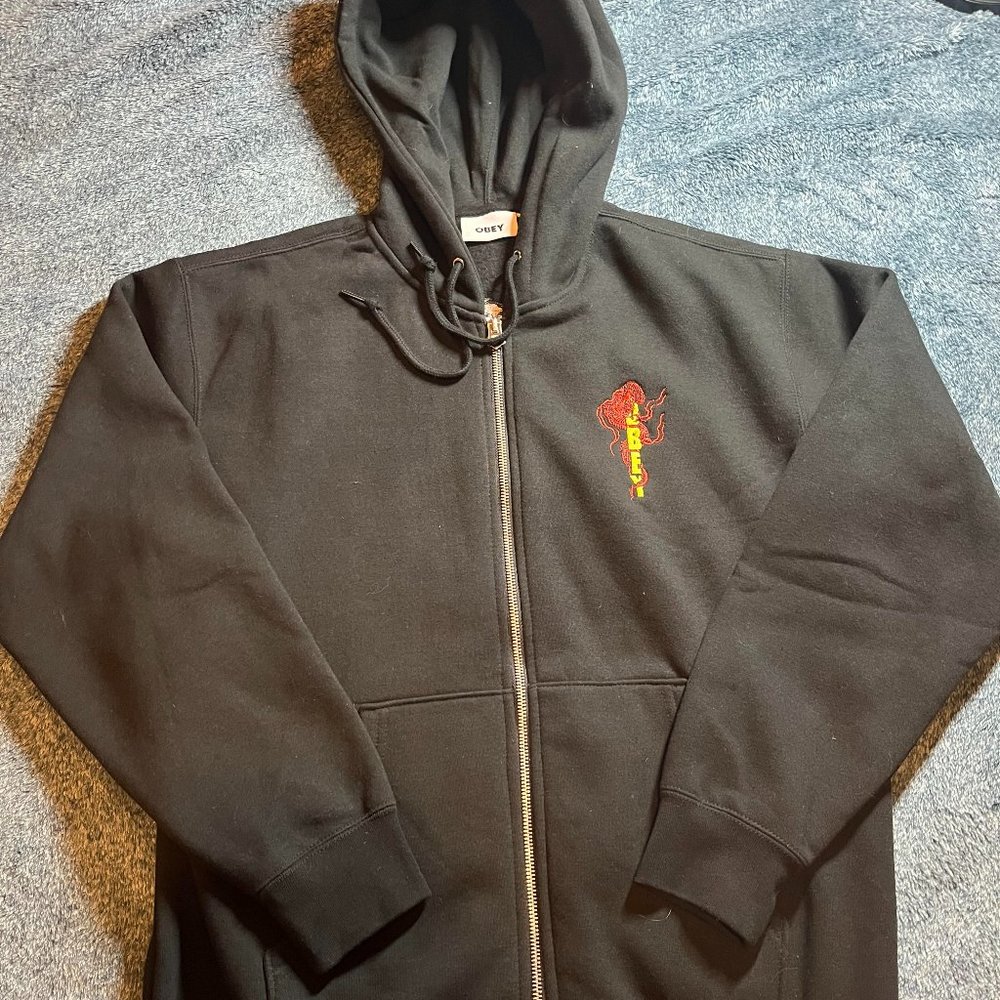 Men's Small Black and Red Obey Dragon Zip Up